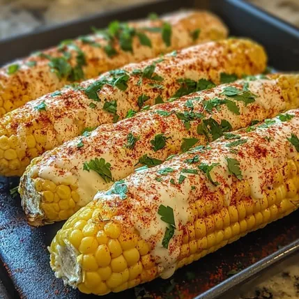 A pan of corn with cheese and spices.