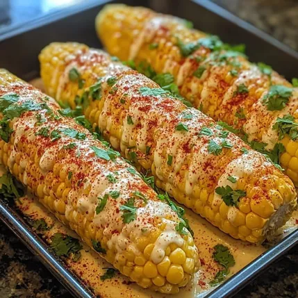 A pan of corn on the cob with white sauce.
