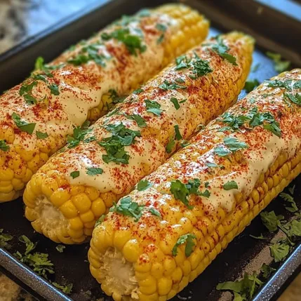 Two corn cob halves with white sauce on a black tray.