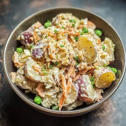 A bowl of food with potatoes, carrots, and peas.