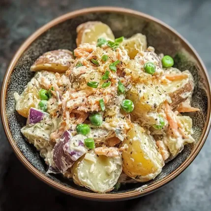 A bowl of food with potatoes and peas.