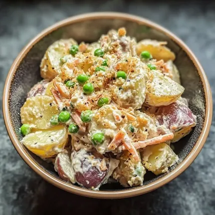 A bowl of food with peas and potatoes.