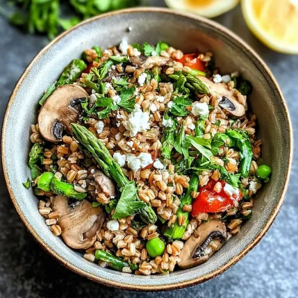 A bowl of rice with mushrooms, asparagus, and tomatoes.