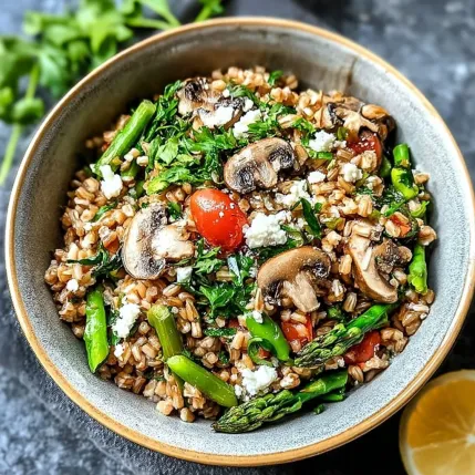 A bowl of rice with mushrooms, tomatoes, and green vegetables.