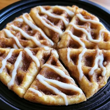 A waffle with icing and cinnamon.