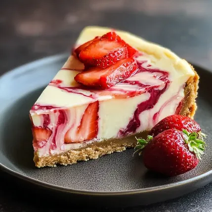 A slice of cheesecake with strawberries on top.
