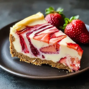 A slice of cheesecake with strawberries on top.