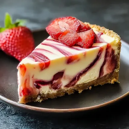 A slice of strawberry cheesecake on a plate.
