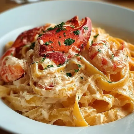 A plate of pasta with lobster and shrimp.