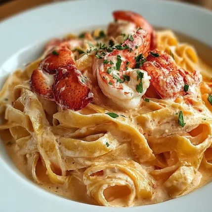 A plate of pasta with shrimp and lobster.
