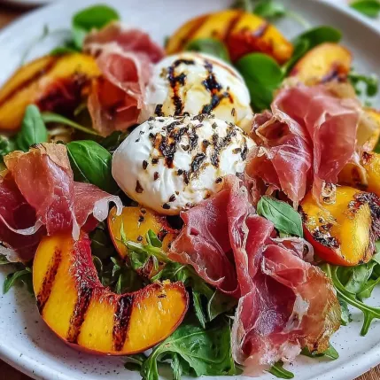 A plate of food with peaches, cheese, and bacon.