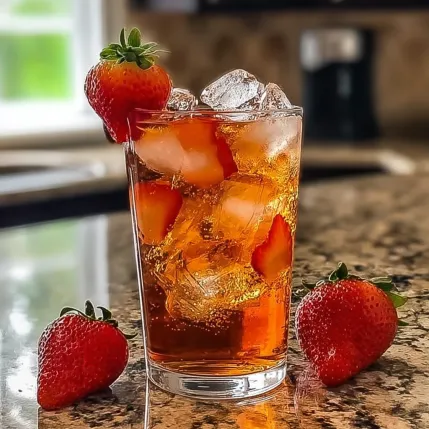 A glass of iced tea with strawberries.