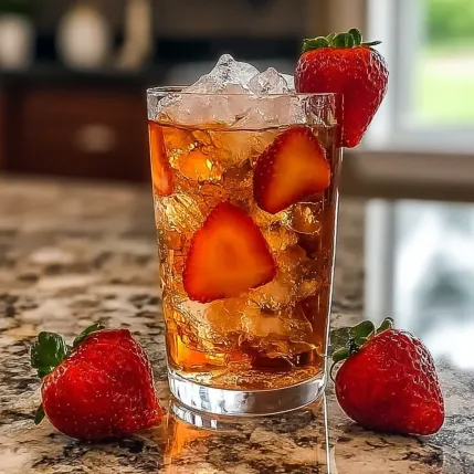A glass of tea with strawberries in it.