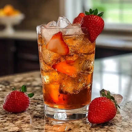 A glass of iced tea with strawberries.