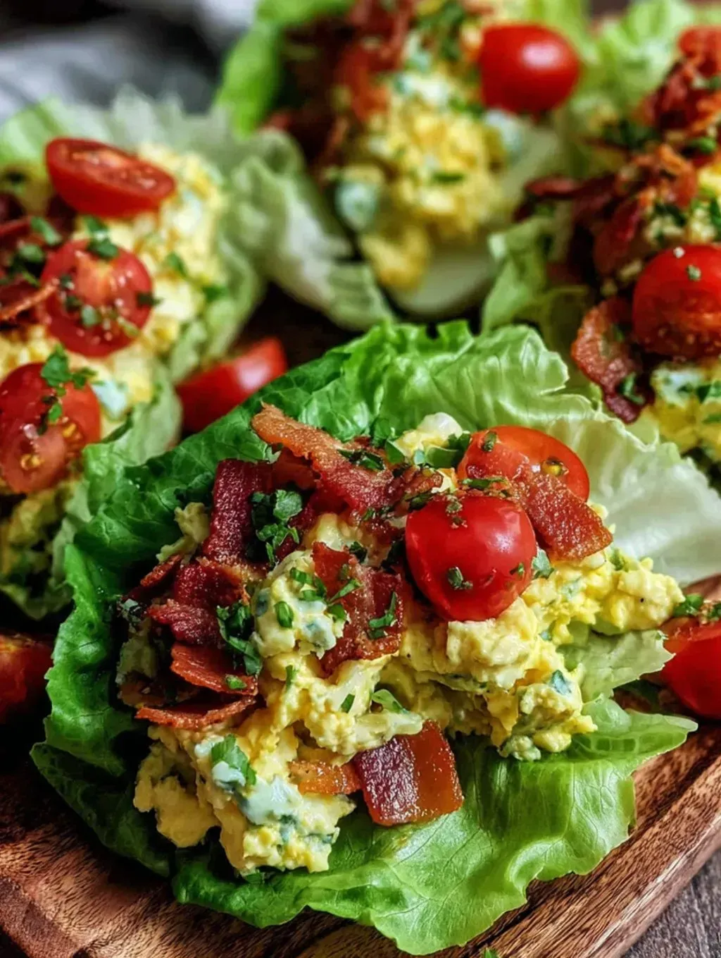 Bacon and egg salad on lettuce.