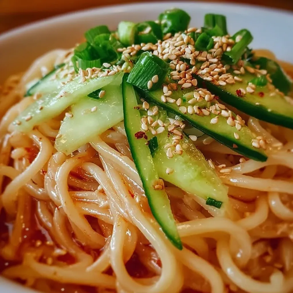 A bowl of noodles with cucumbers and sesame seeds.
