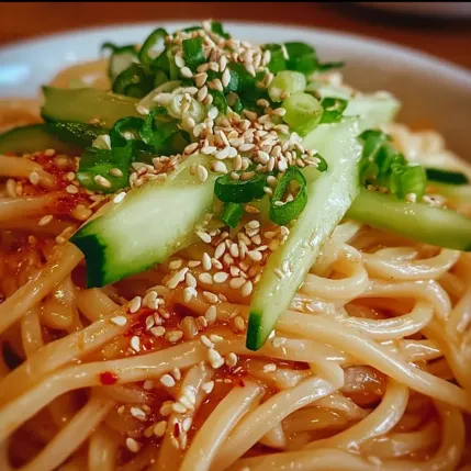 A bowl of noodles with cucumbers and sesame seeds.