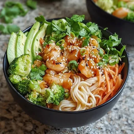 A bowl of shrimp and vegetables.
