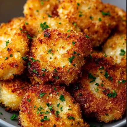 A bowl of fried chicken with parsley.
