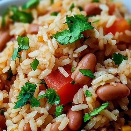 A bowl of rice with beans and tomatoes.