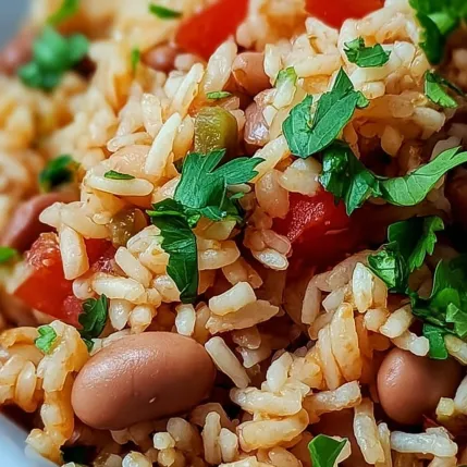 A bowl of rice with beans and tomatoes.