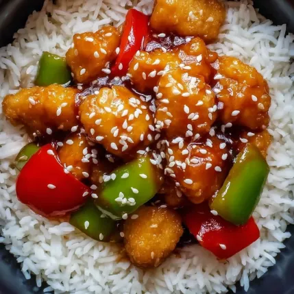A bowl of rice with chicken and peppers.