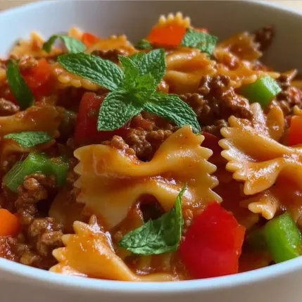 A bowl of pasta with meat and vegetables.