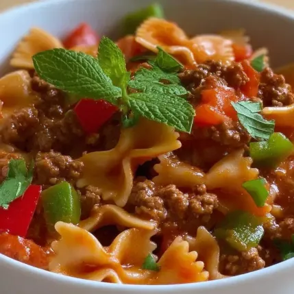 A bowl of pasta with meat and vegetables.
