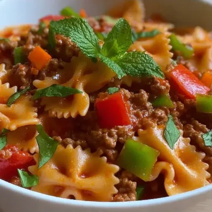 A bowl of pasta with meat and vegetables.