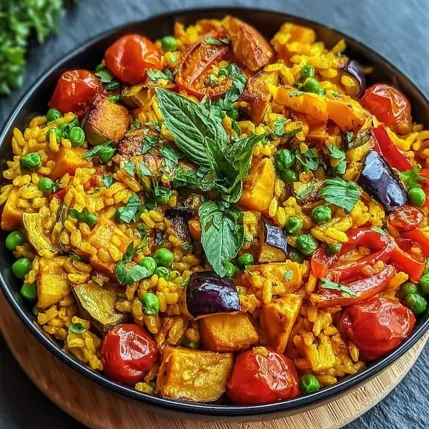A bowl of rice with tomatoes, peas, and other vegetables.