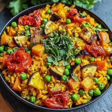 A bowl of rice with tomatoes, peas, and zucchini.