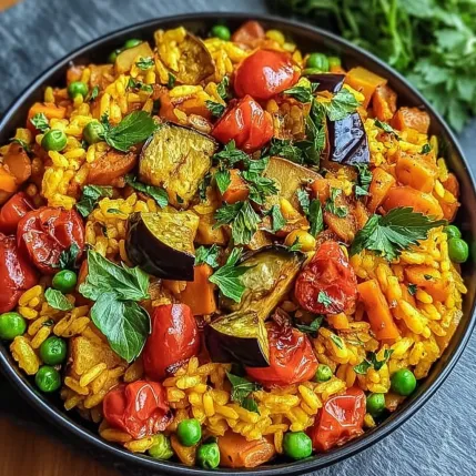 A bowl of rice with vegetables.