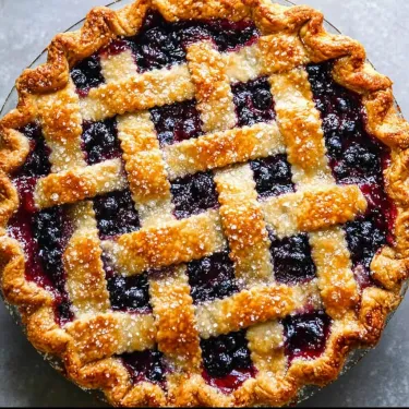 A blueberry pie with a lattice crust.