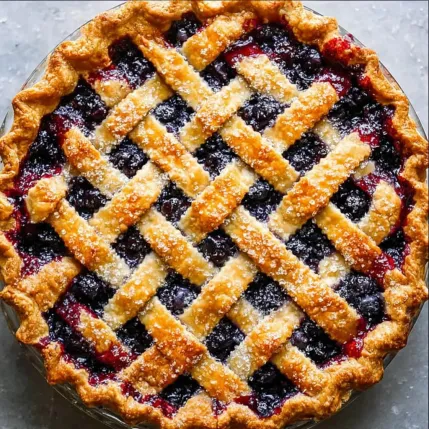 A blueberry pie with a lattice crust.