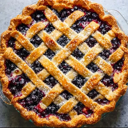 A blueberry pie with a lattice crust.