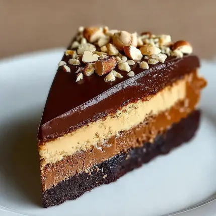 A slice of chocolate cake with nuts on top.