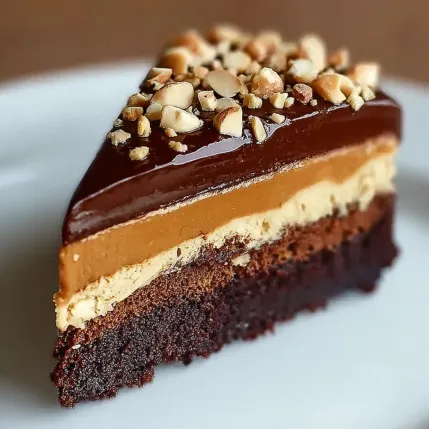 A slice of chocolate cake with nuts on top.