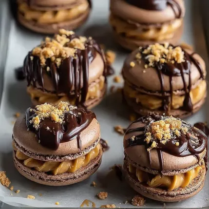A plate of chocolate covered macaroons.