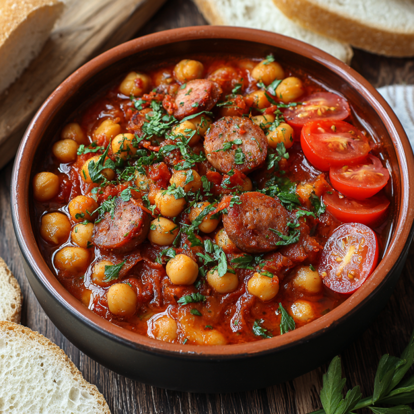 A bowl of chickpea chorizo stew with a slice of bread on the side.