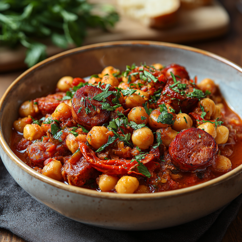 A bowl of chickpea chorizo stew.