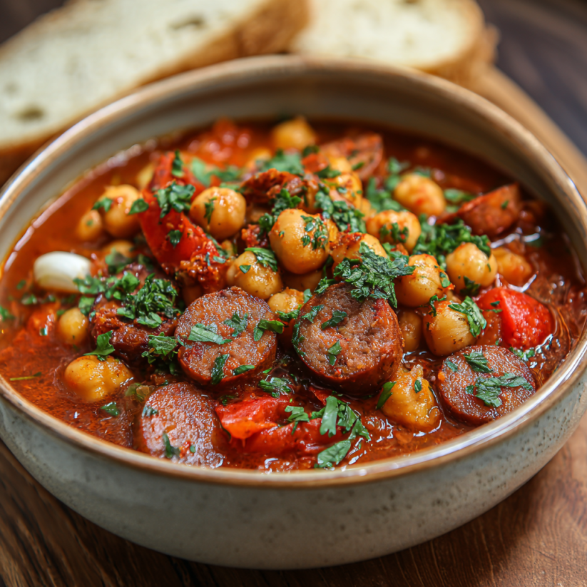 A bowl of chickpea chorizo stew.