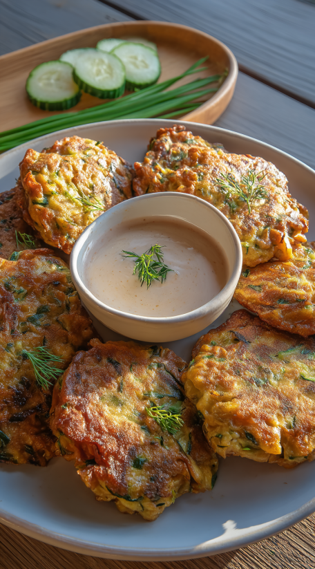 A bowl of dipping sauce next to a plate of zucchini fritters.
