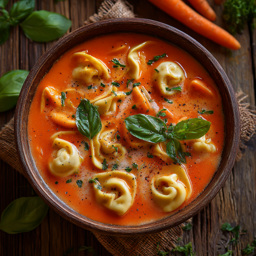 A bowl of soup with tortellini and vegetables.