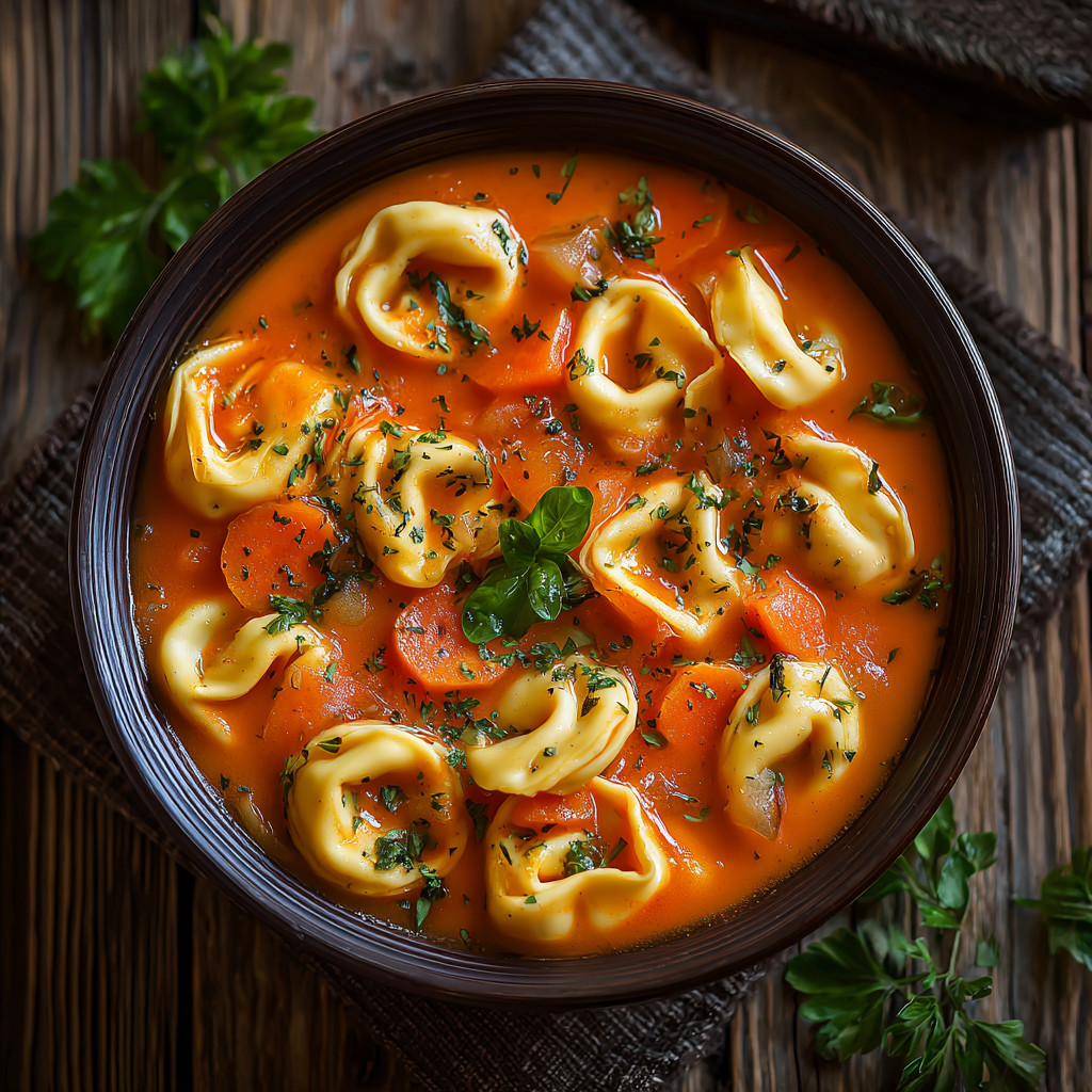 A bowl of soup with pasta and vegetables.