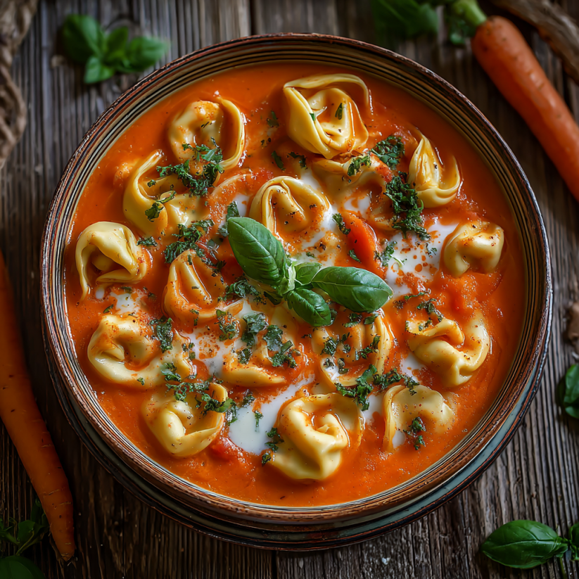 A bowl of soup with tortellini and vegetables.