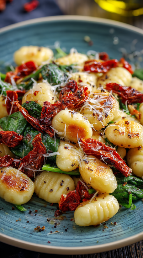 A plate of gnocchi salad with red peppers and cheese.