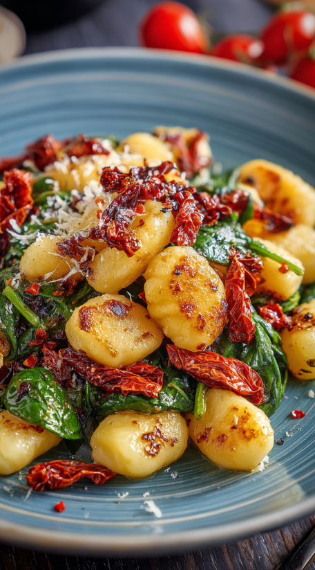 A plate of gnocchi salad with various toppings.