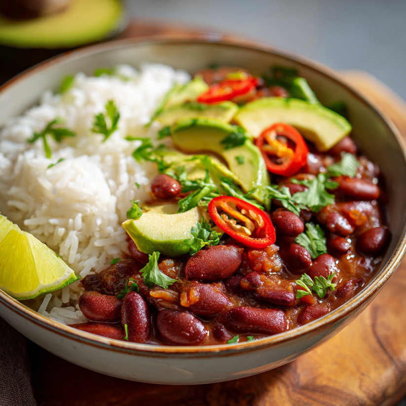 A bowl of chili beans with rice and avocado.