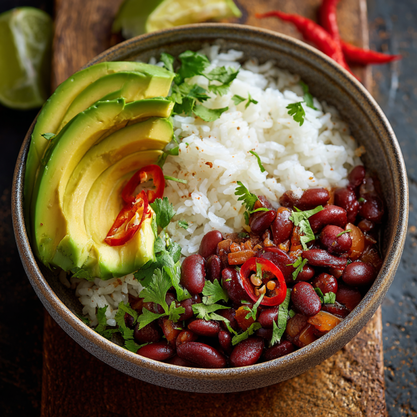 A bowl of vegan chili beans with rice and lime.