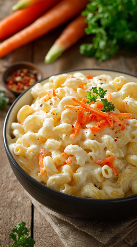 A bowl of macaroni salad with carrots and peppers.